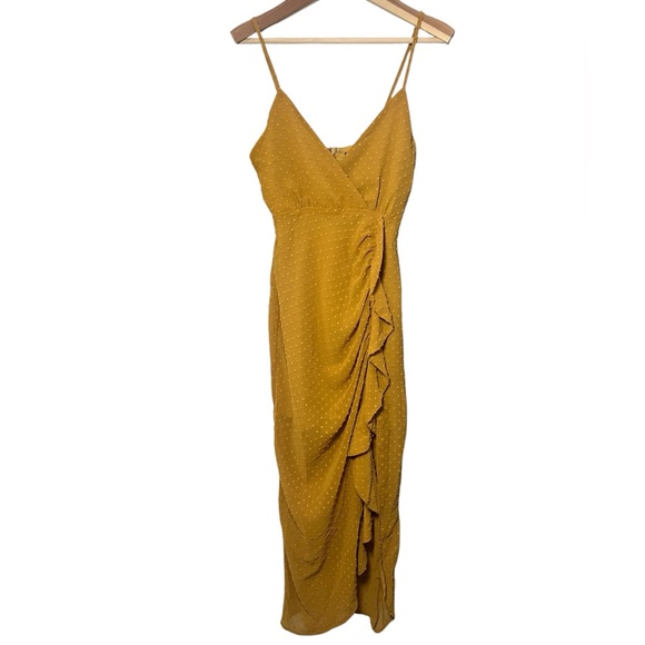 For Us to Dance Mustard Yellow Swiss Dot Ruffled Midi Dress - Picture 5 of 10